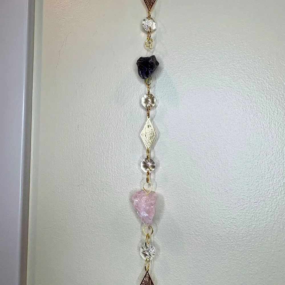 Raw Amethyst, Rose Quartz, Crystal Quartz Gemstone Wall Hanging, Crystal Prism